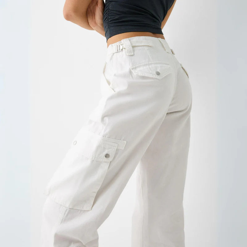 Calça Cargo Branco Feminina - Cintura Alta Ajustável com Elástico na Cintura