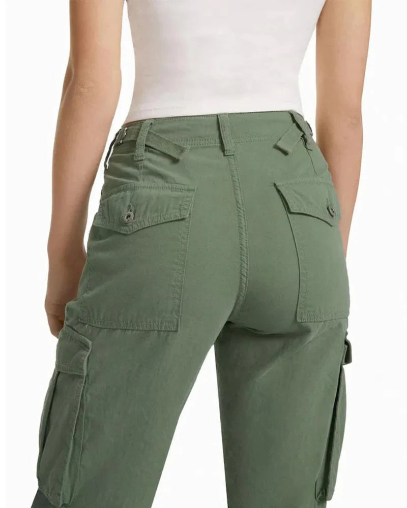 Calça Cargo verde Feminina - Cintura Alta Ajustável com Elástico na Cintura