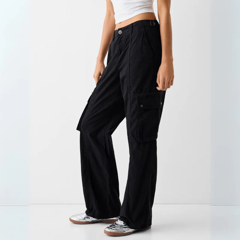 Calça Cargo preta Feminina - Cintura Alta Ajustável com Elástico na Cintura