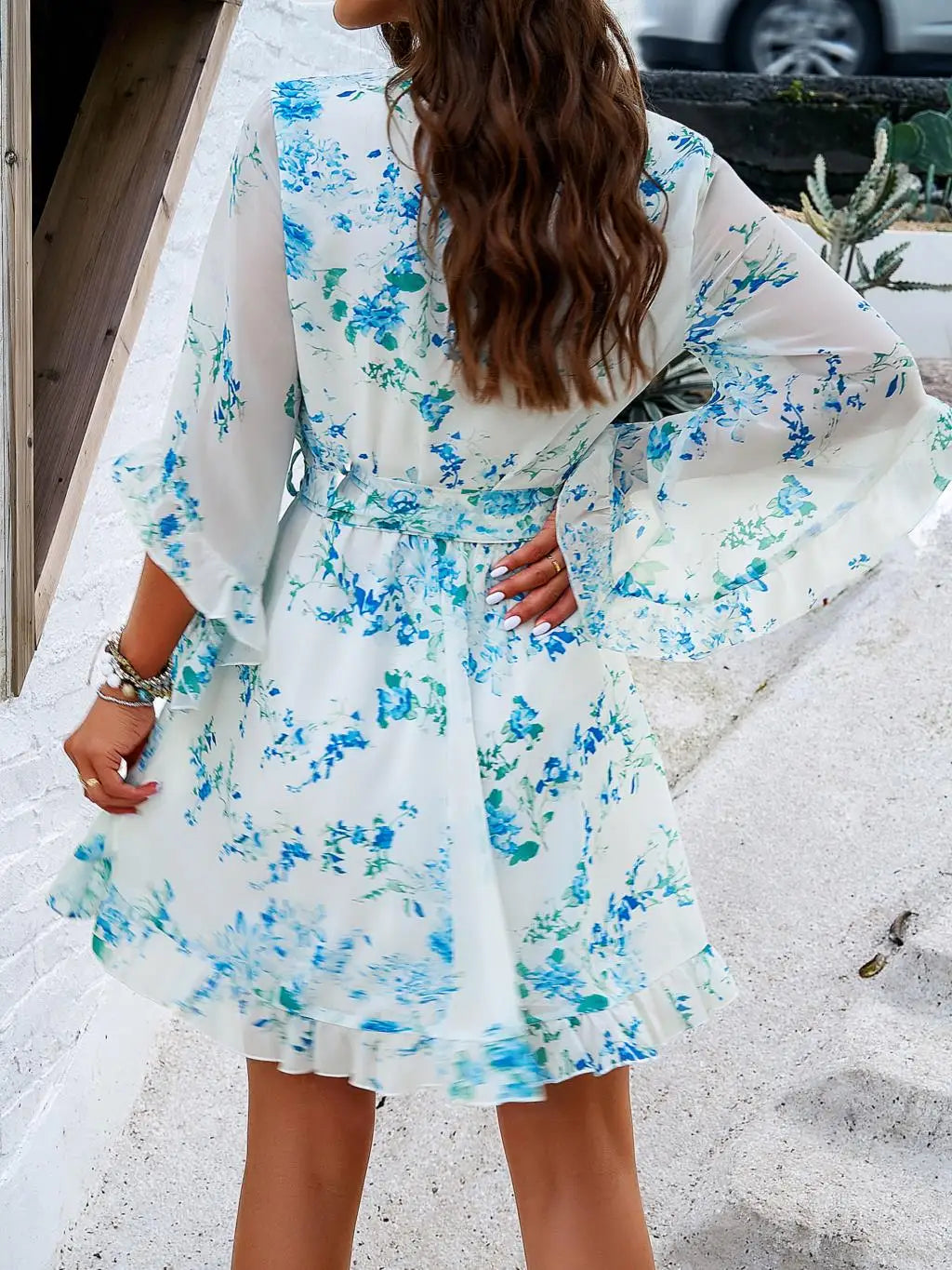 Vestido Curto com Manga - Dominique branco e azul