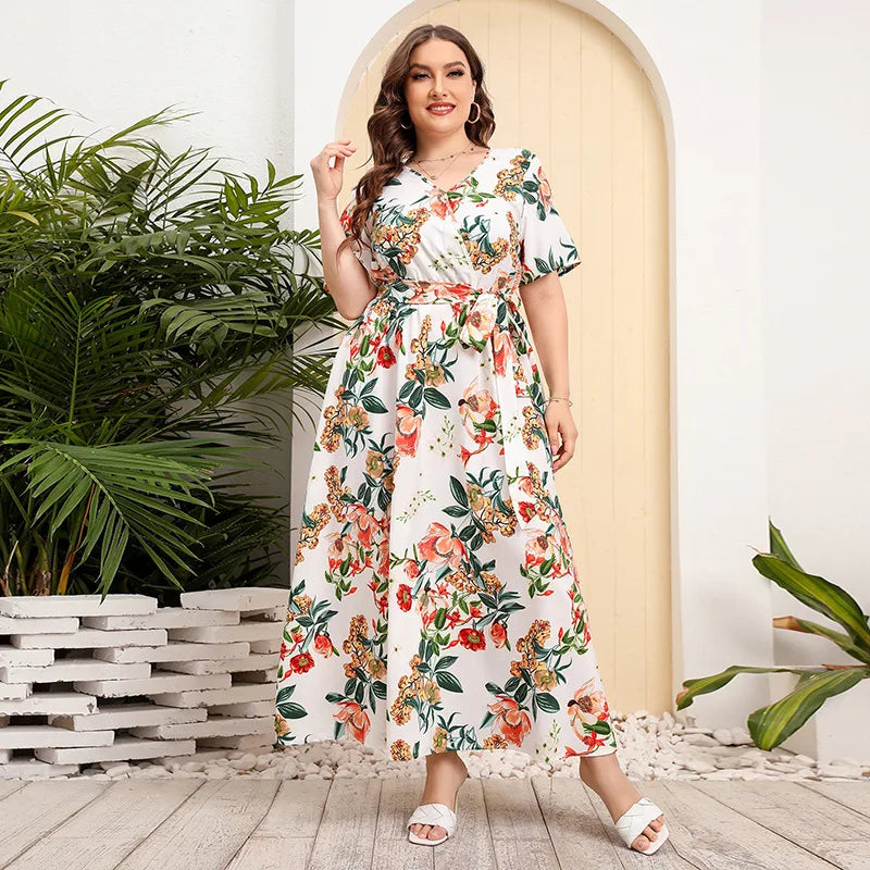 Vestido Florido Plus Size - Leandra branco