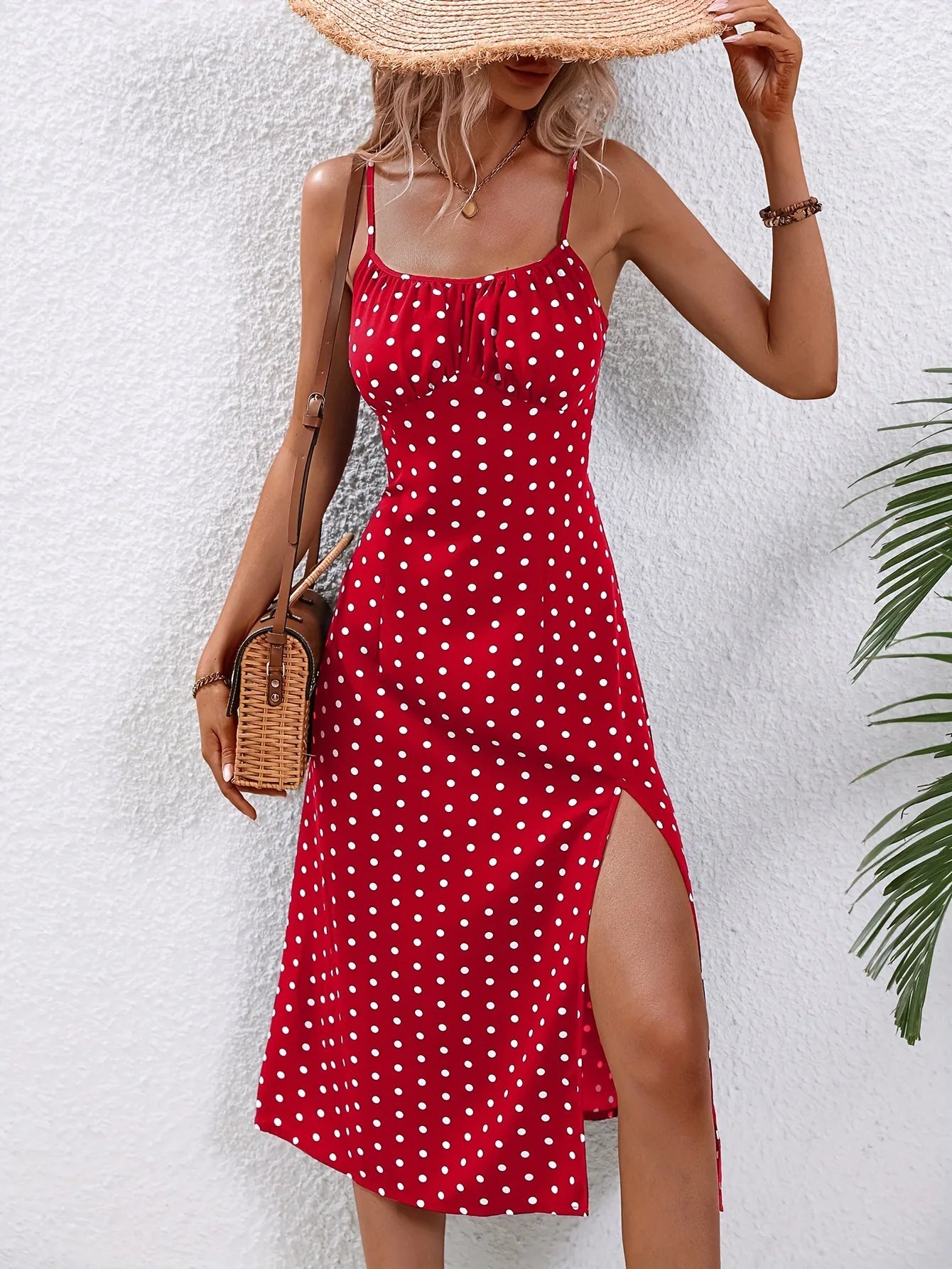 Vestido midi com fenda - Lisa vermelho