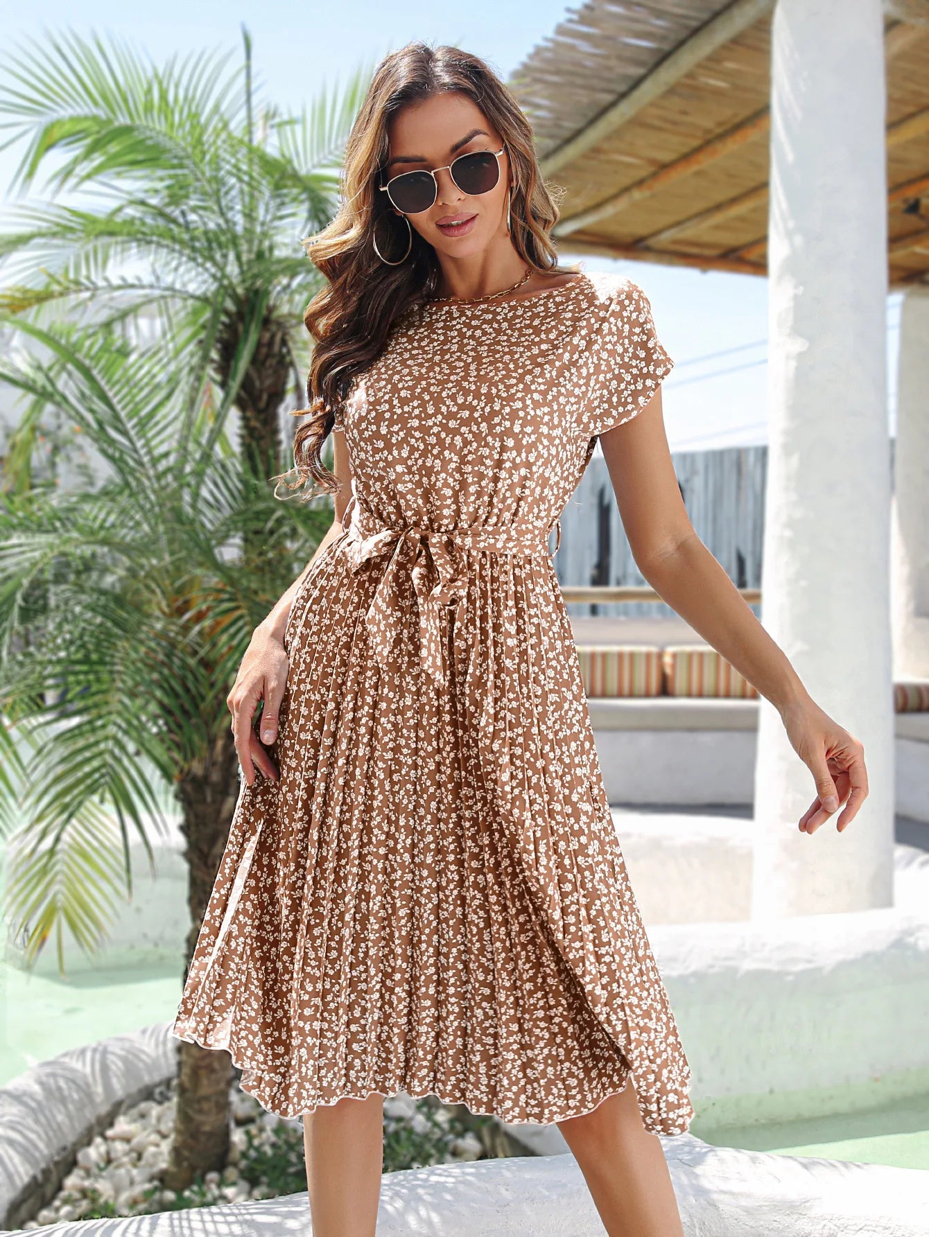 Vestido midi florido - Rosane bege