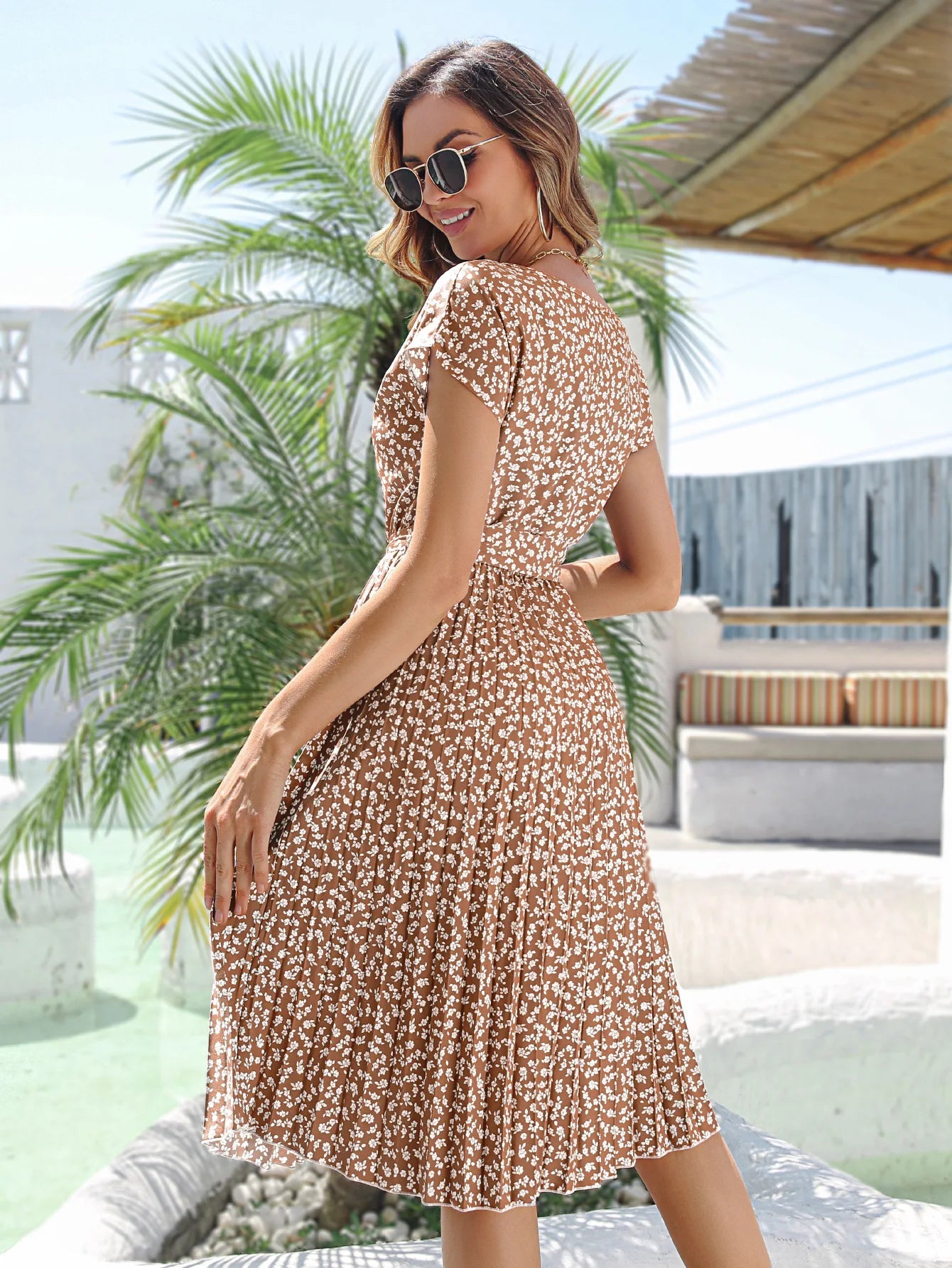 Vestido midi florido - Rosane bege