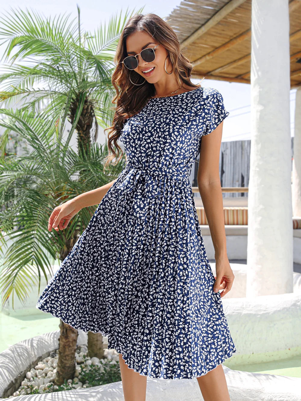 Vestido midi florido - Rosane azul escuro