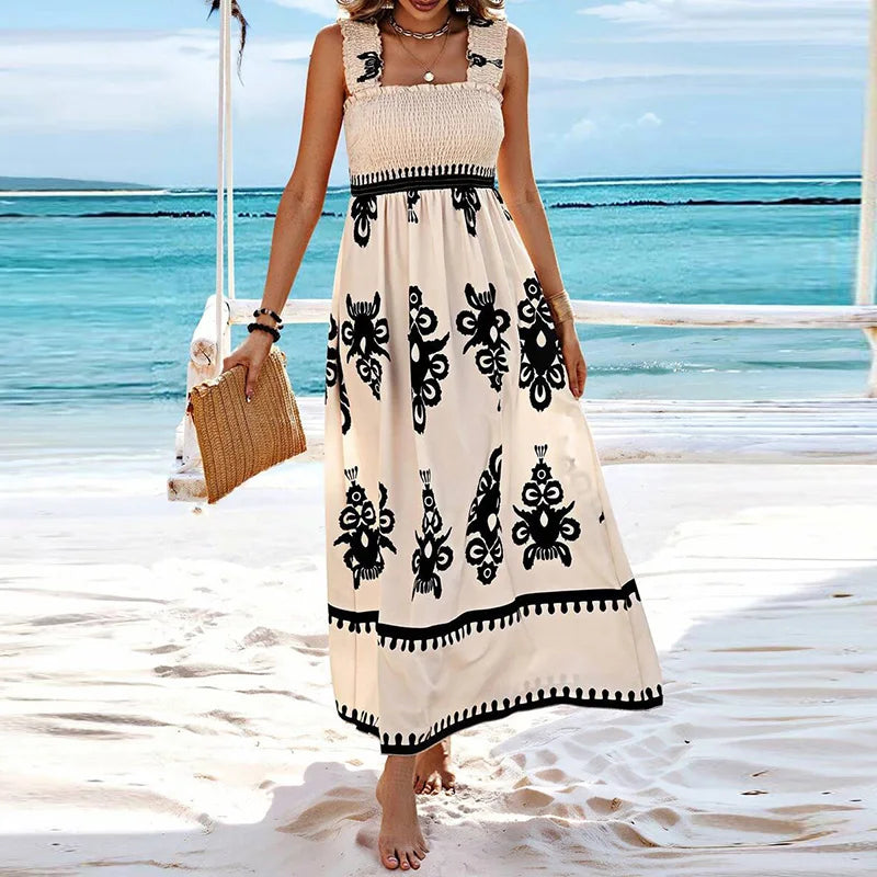 Vestido praiano longo - Moana bege e preto