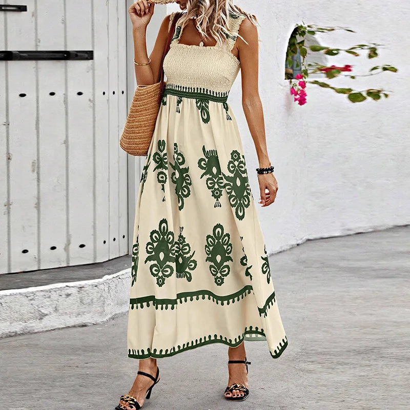 Vestido praiano longo - Moana bege e verde