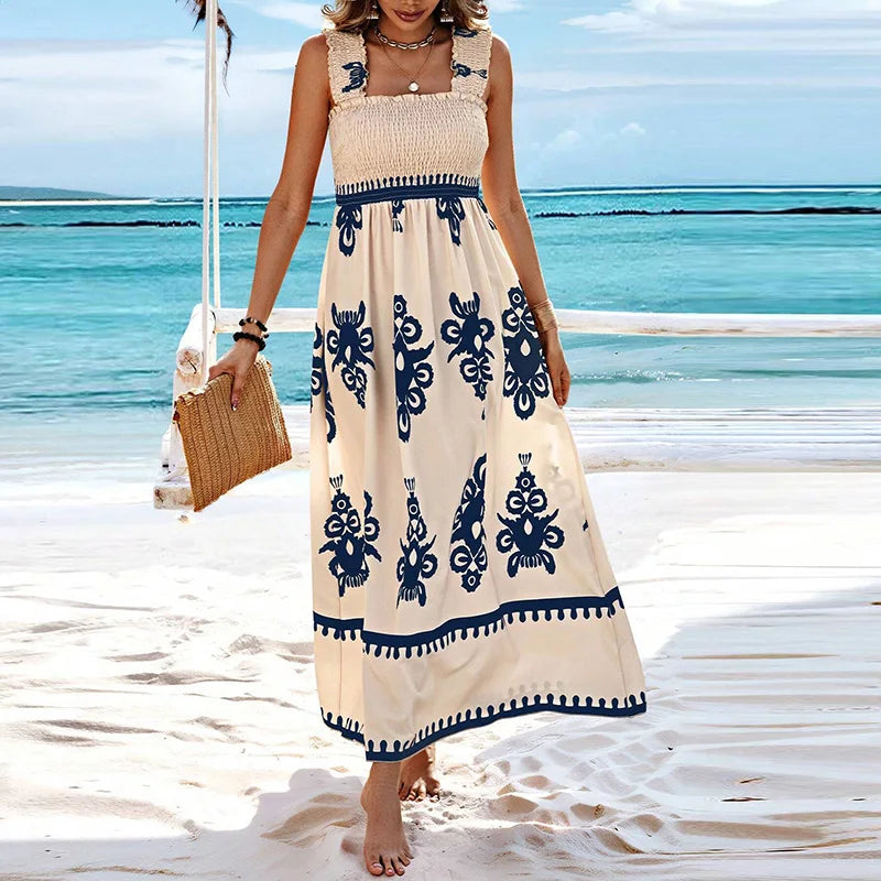 Vestido praiano longo - Moana bege e azul escuro