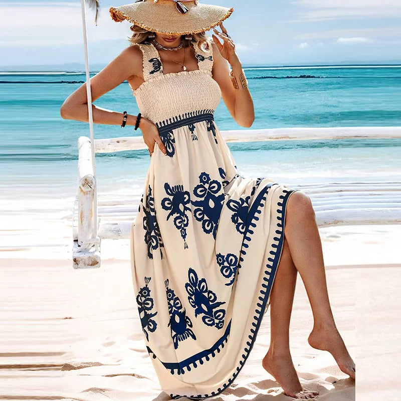 Vestido praiano longo - Moana bege e azul escuro